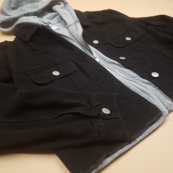 Ci Sono Denim Collection Hooded Denim Jacket Black Cropped Womens Small Zip Up - Picture 2 of 13